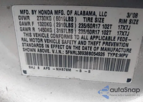 2008 Honda Odyssey Touring from USA, damaged, VIN 5FNRL38938B054926